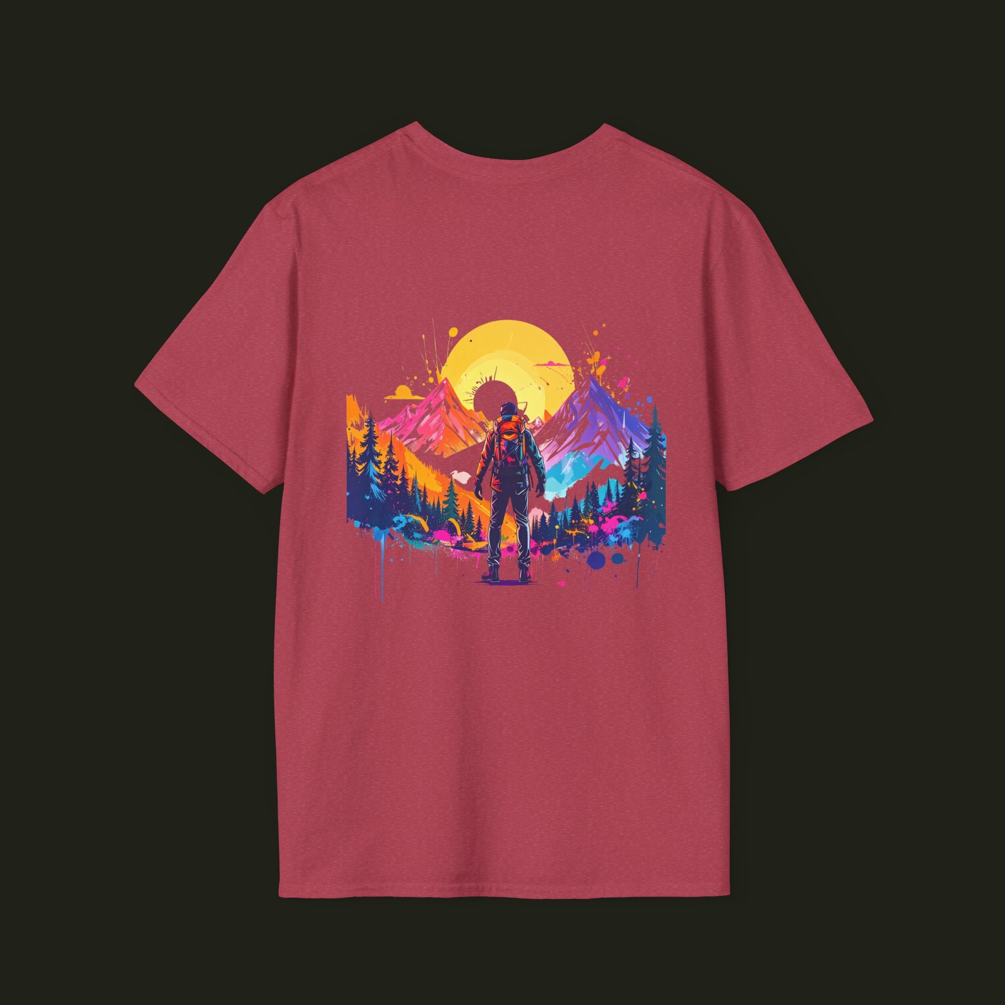 Adventure Hiker T-Shirt — Vibrant Mountain Sunset Backpacking Tee