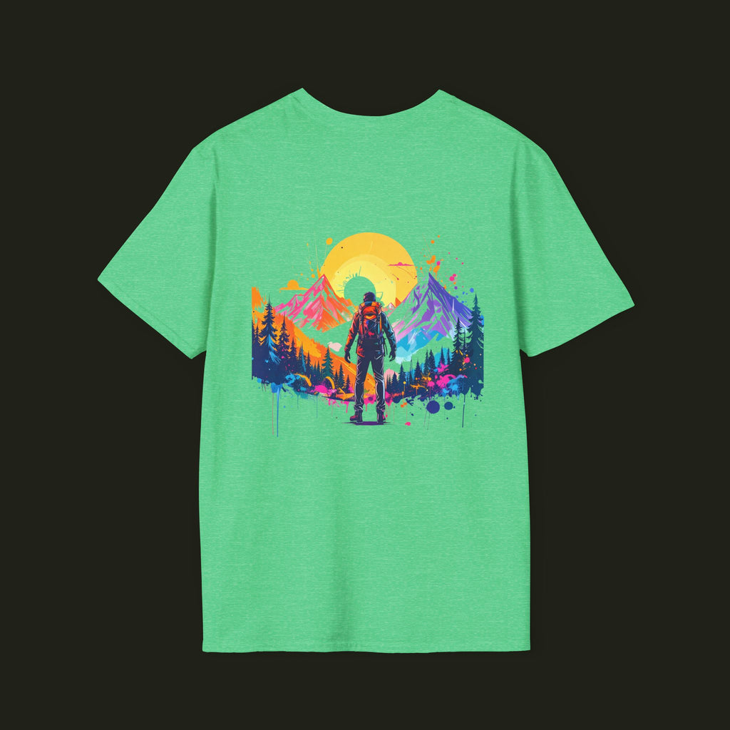 Adventure Hiker T-Shirt — Vibrant Mountain Sunset Backpacking Tee