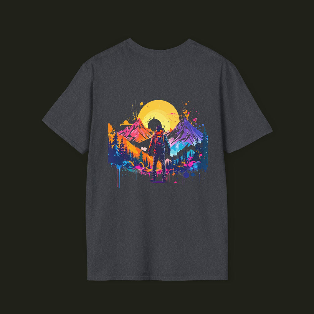 Adventure Hiker T-Shirt — Vibrant Mountain Sunset Backpacking Tee