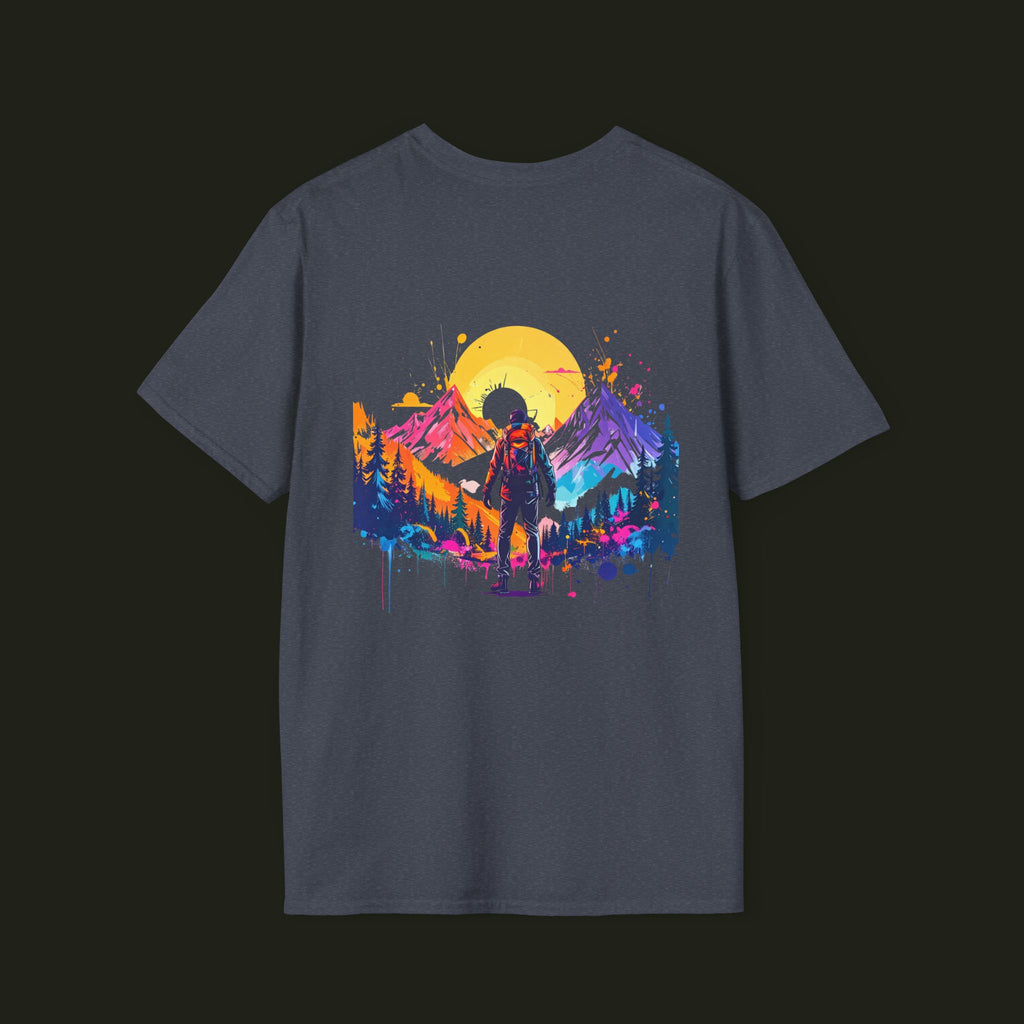 Adventure Hiker T-Shirt — Vibrant Mountain Sunset Backpacking Tee