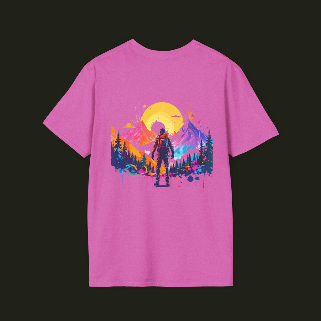 Adventure Hiker T-Shirt — Vibrant Mountain Sunset Backpacking Tee