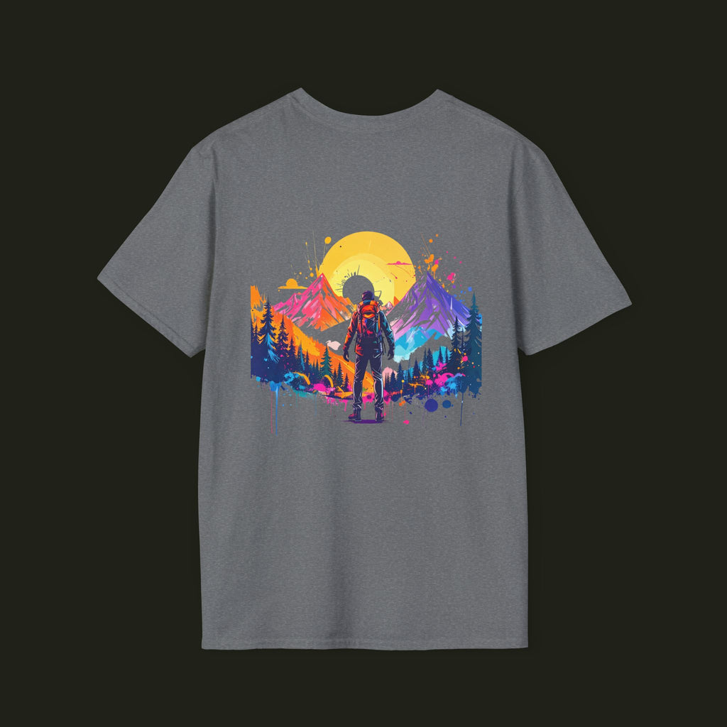 Adventure Hiker T-Shirt — Vibrant Mountain Sunset Backpacking Tee