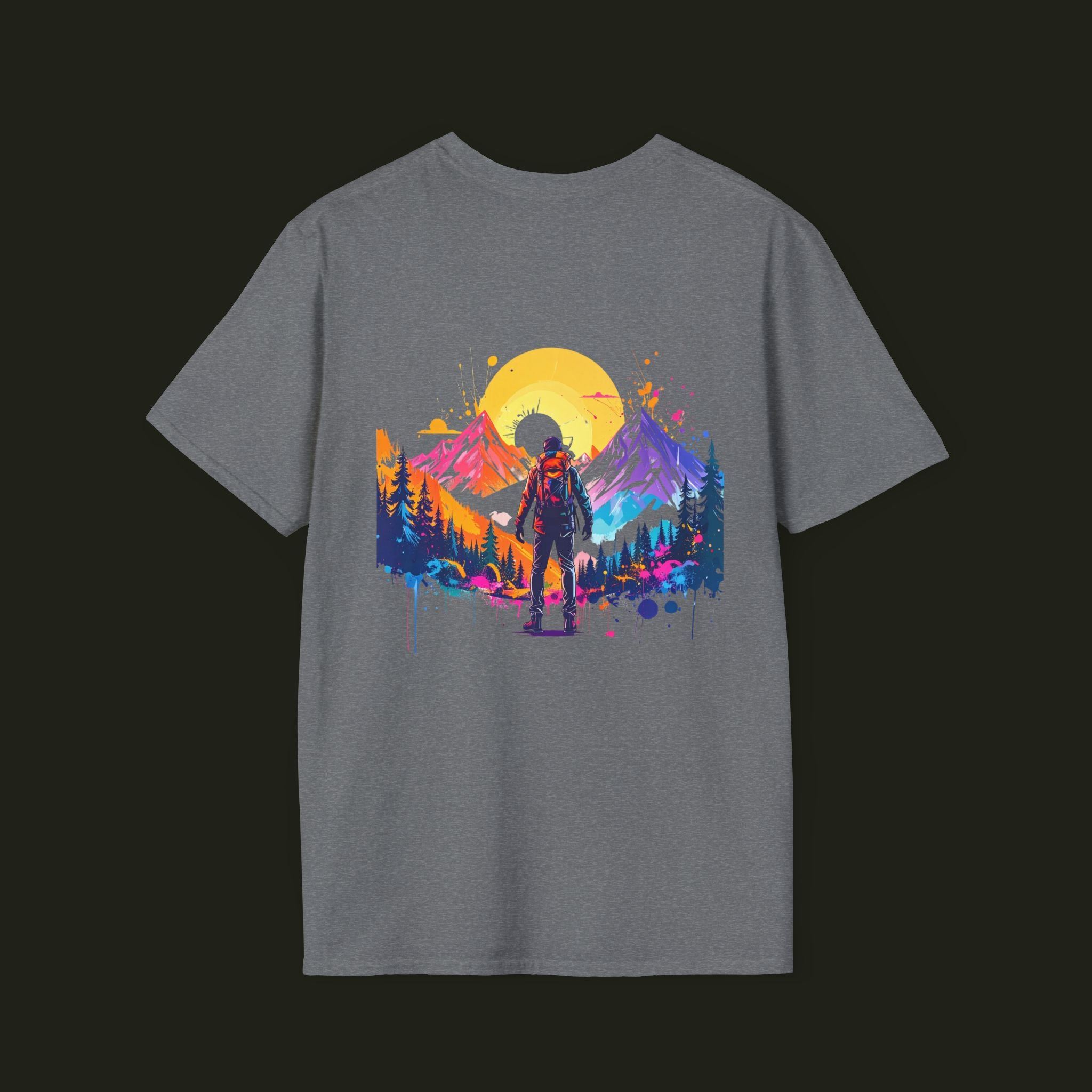 Adventure Hiker T-Shirt — Vibrant Mountain Sunset Backpacking Tee