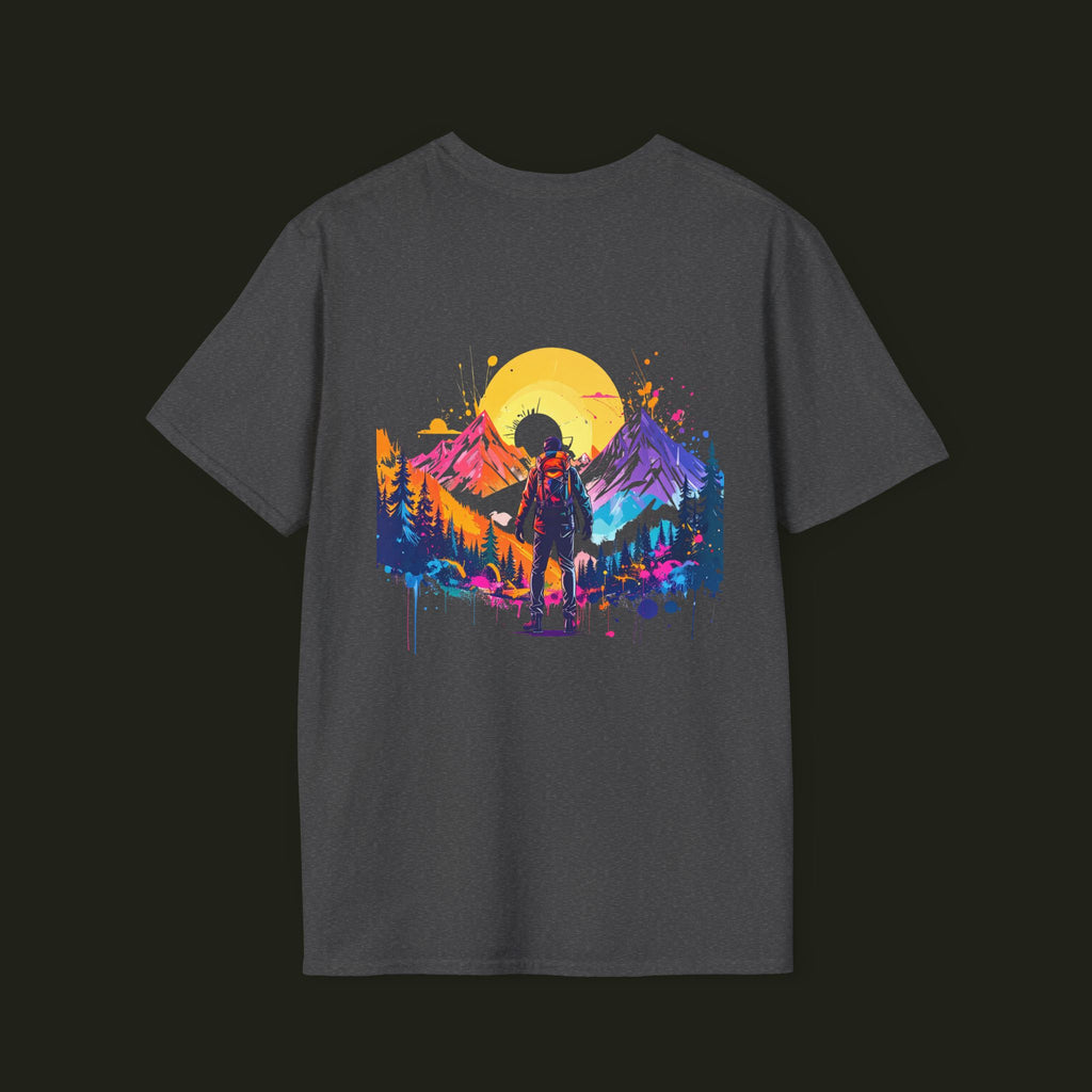 Adventure Hiker T-Shirt — Vibrant Mountain Sunset Backpacking Tee