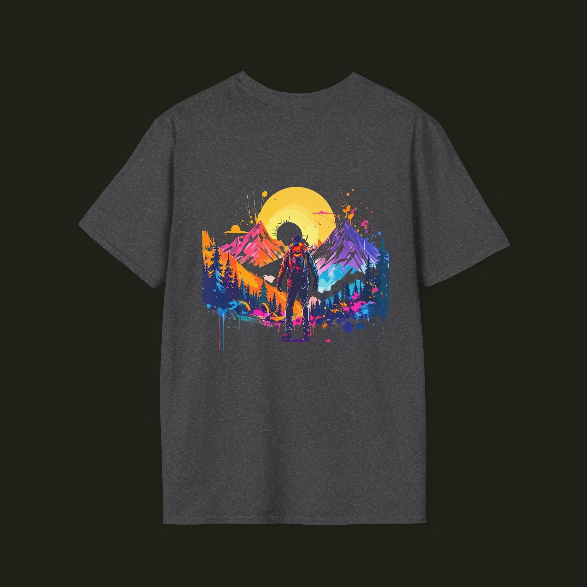 Adventure Hiker T-Shirt — Vibrant Mountain Sunset Backpacking Tee