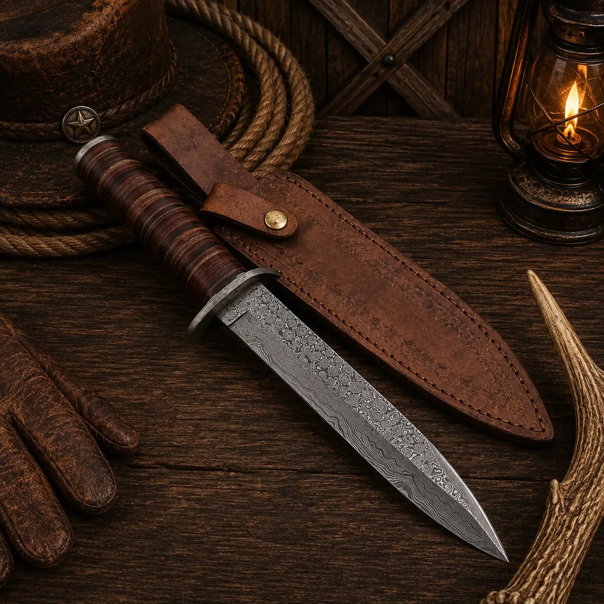 M3 Heritage Damascus Bowie Knife – Stacked Leather Handle & Sheath
