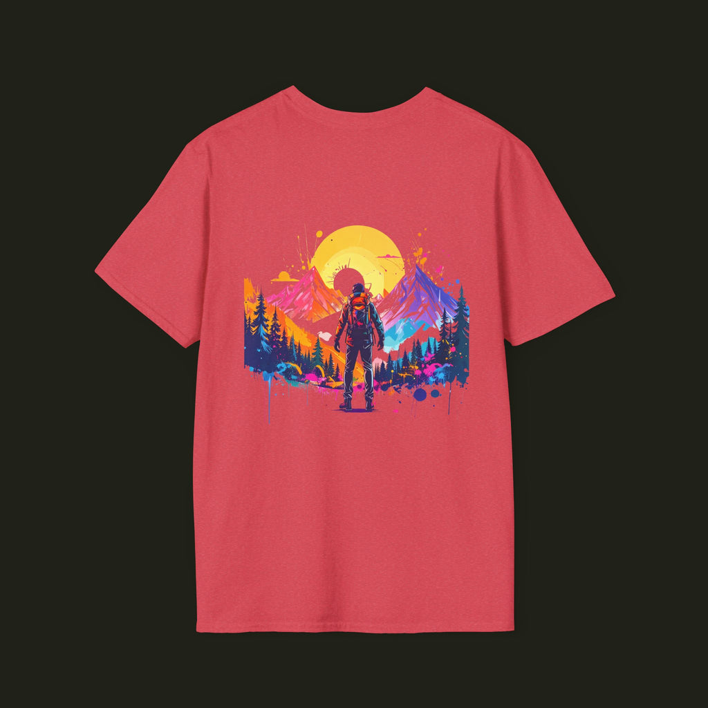 Adventure Hiker T-Shirt — Vibrant Mountain Sunset Backpacking Tee