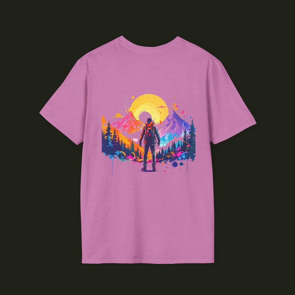 Adventure Hiker T-Shirt — Vibrant Mountain Sunset Backpacking Tee