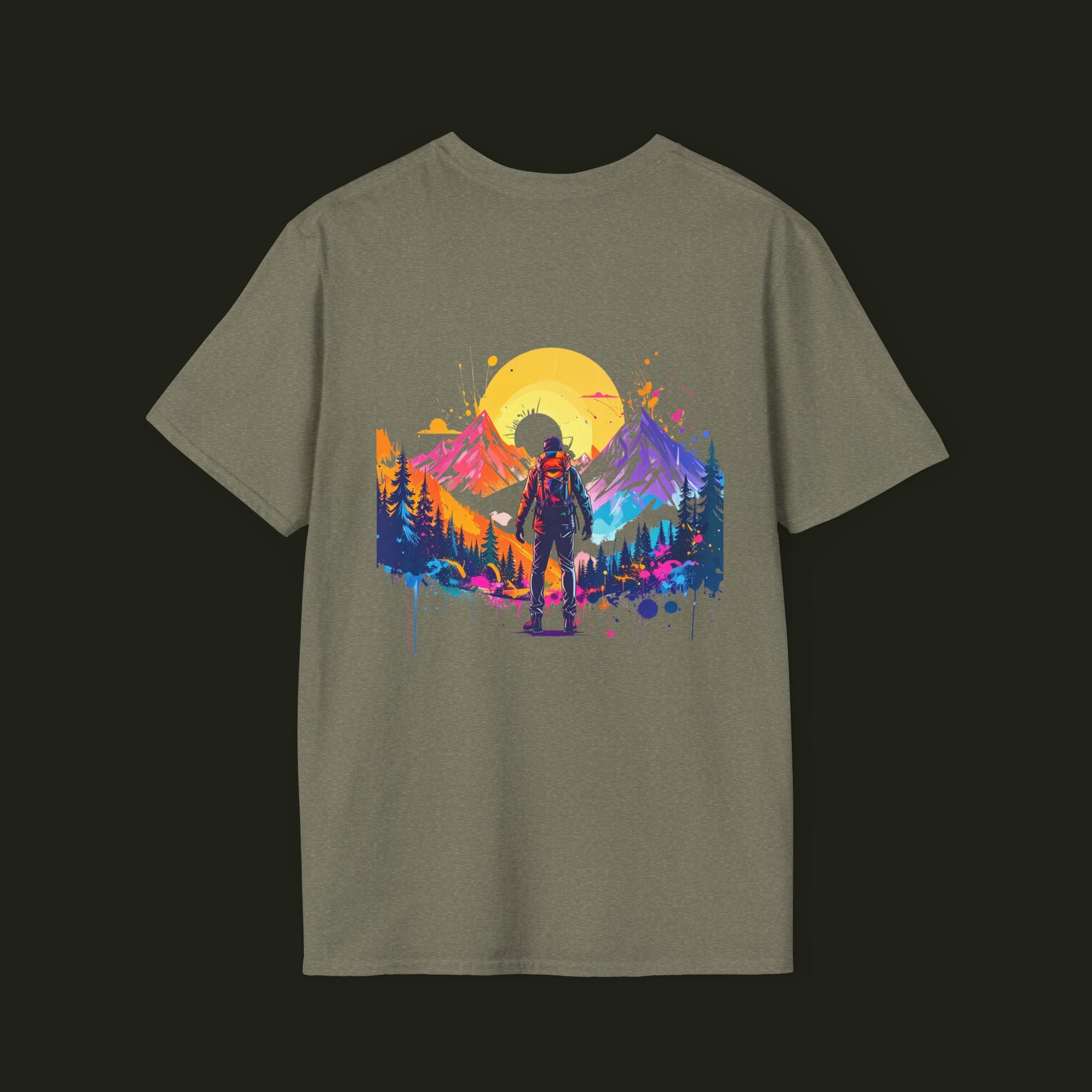 Adventure Hiker T-Shirt — Vibrant Mountain Sunset Backpacking Tee