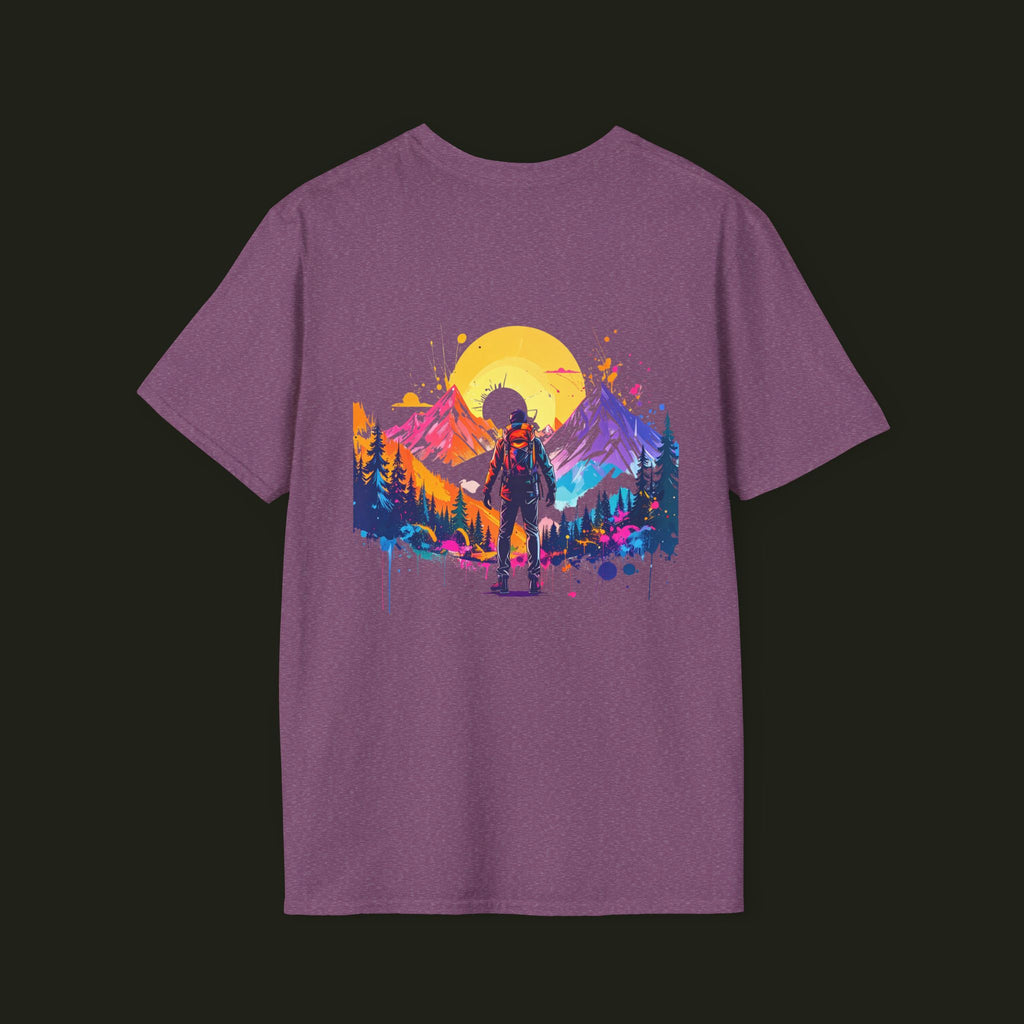 Adventure Hiker T-Shirt — Vibrant Mountain Sunset Backpacking Tee