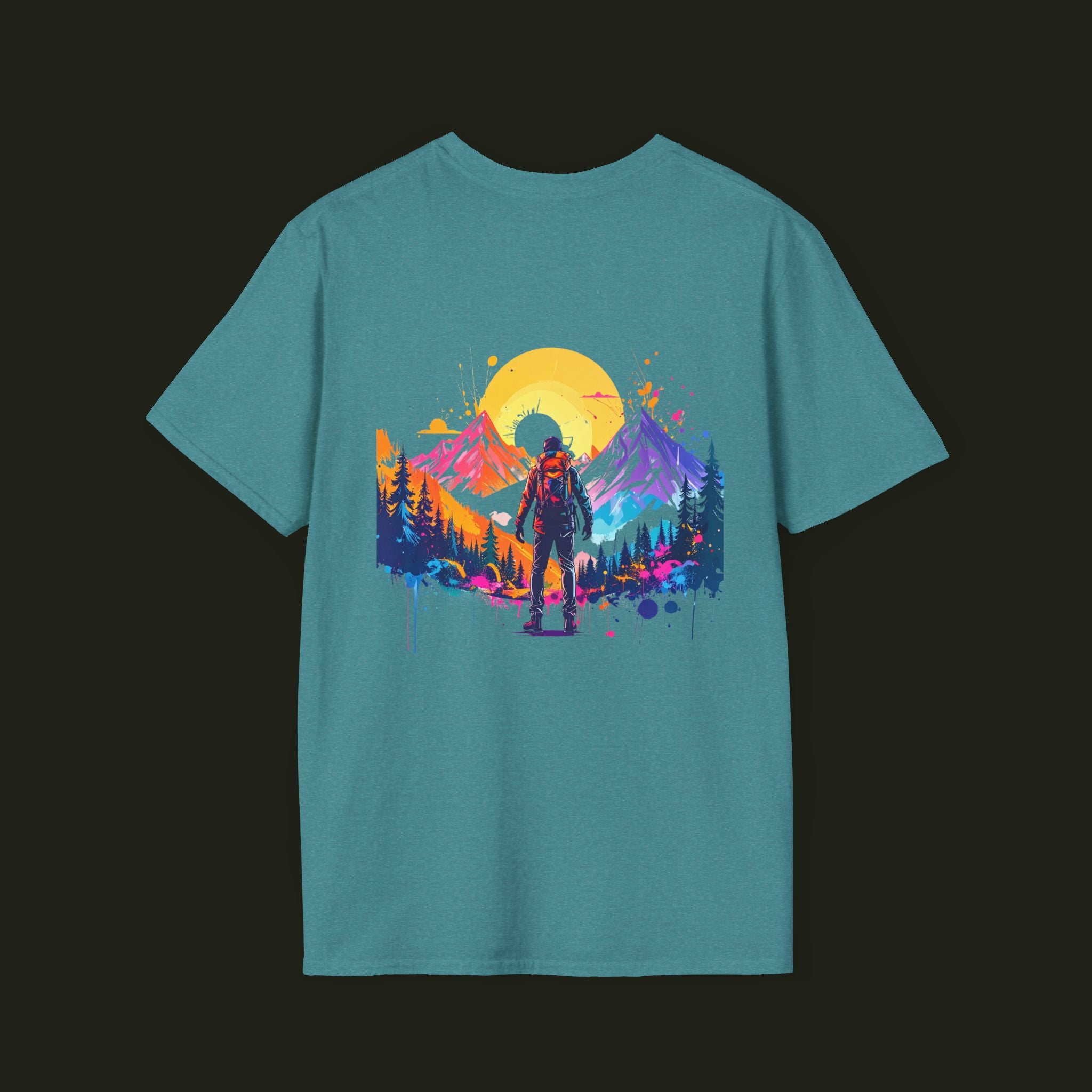 Adventure Hiker T-Shirt — Vibrant Mountain Sunset Backpacking Tee