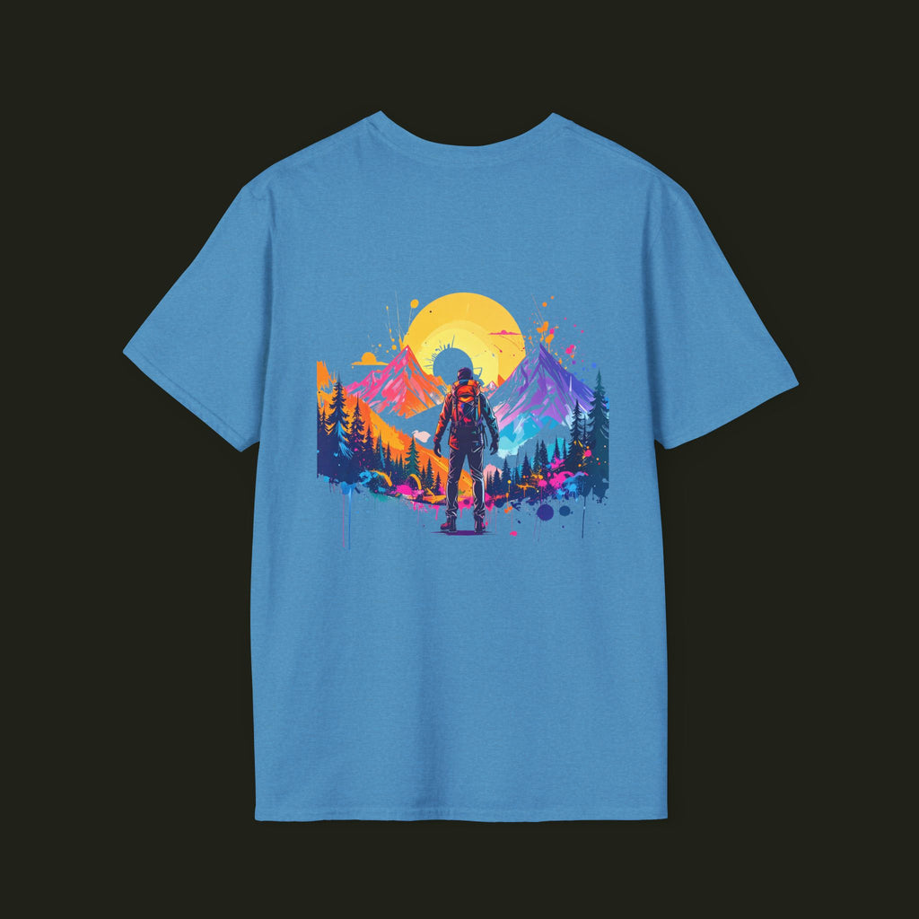 Adventure Hiker T-Shirt — Vibrant Mountain Sunset Backpacking Tee