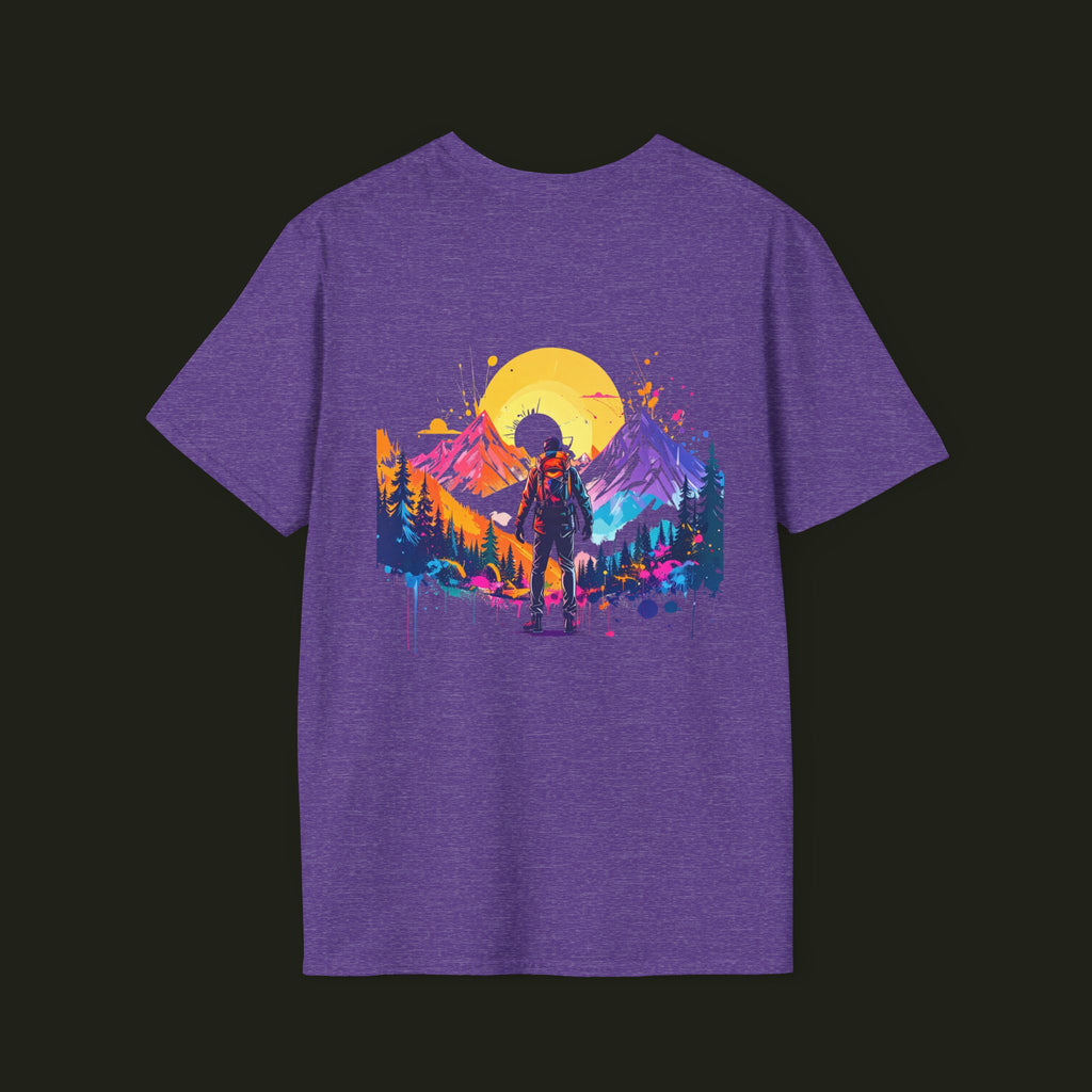 Adventure Hiker T-Shirt — Vibrant Mountain Sunset Backpacking Tee