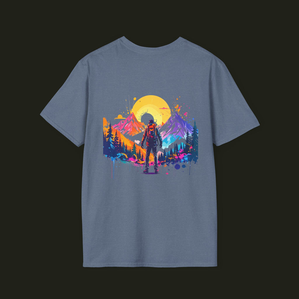 Adventure Hiker T-Shirt — Vibrant Mountain Sunset Backpacking Tee