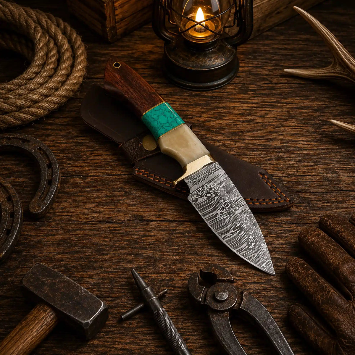 Custom Damascus Hunting Knife – Turquoise & Rosewood Handle