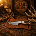 Cowboy Belt Knife – 3.25″ Raindrop Damascus, Antler & Turquoise