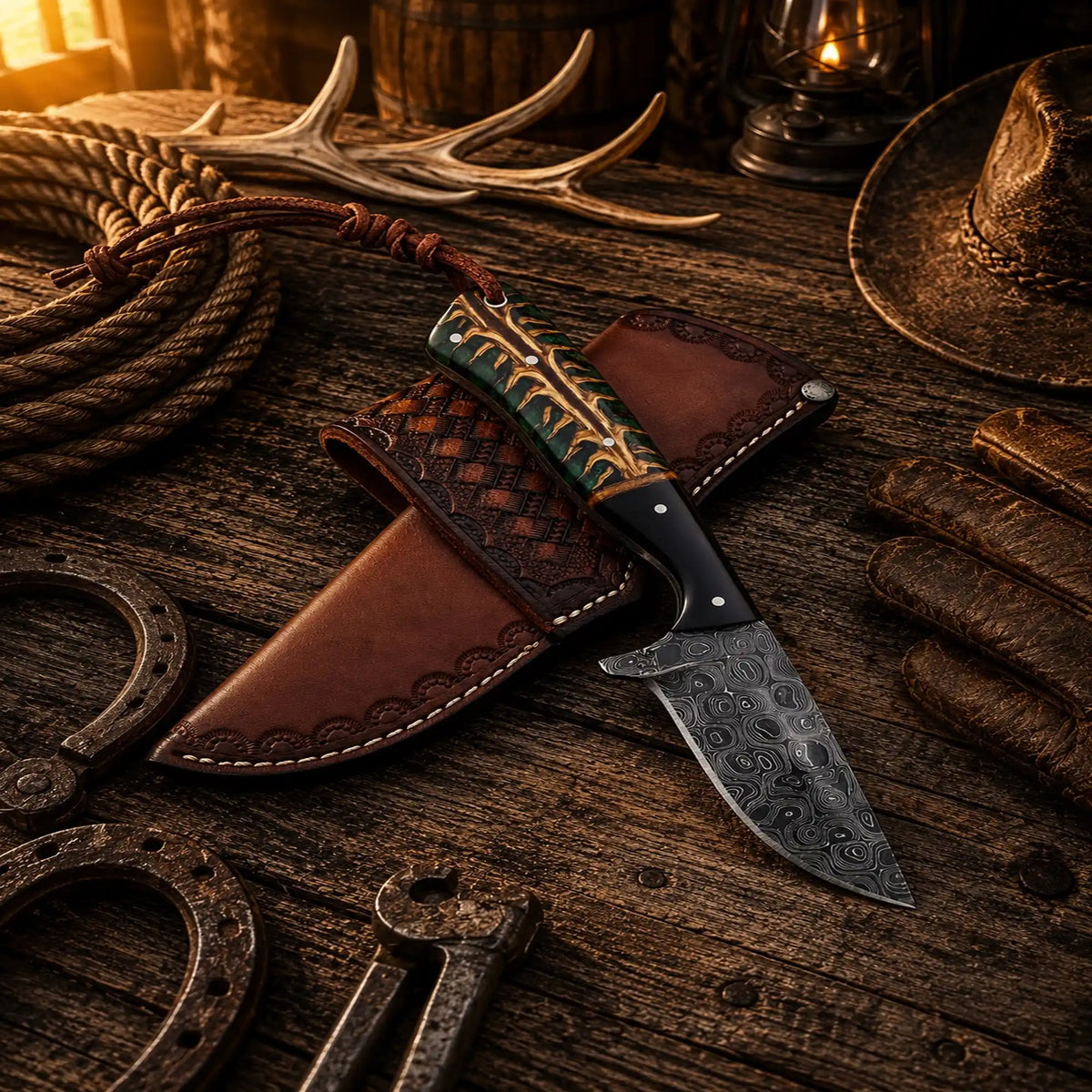 Working Cowboy Knife 3.5" Raindrop Damascus Steel Pinecone & Buffalo Horn Handle